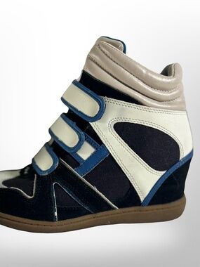GUC Rare Women's Skechers SKCH +3 Black Blue Wedge Strap Sneakers Size 6.5